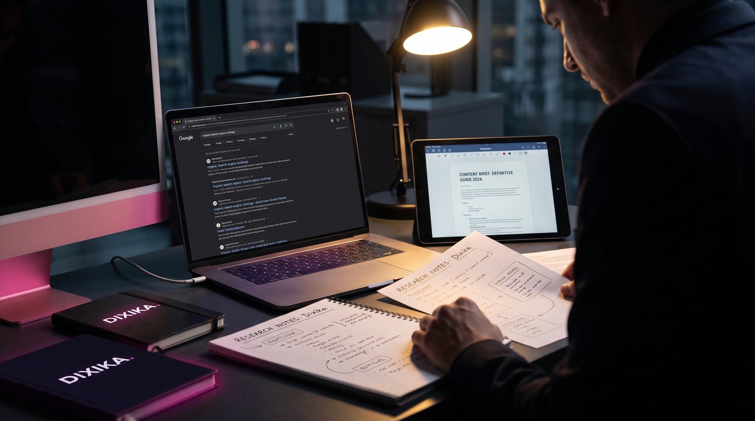 An SEO strategist comparing a search results page, a content brief, and a detailed page outline with research notes