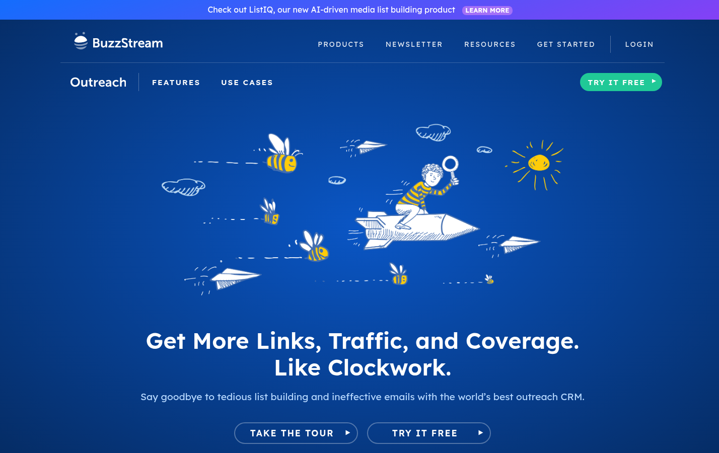 Screenshot of buzzstream.com - Capture public product content illustrating outreach CRM, prospecting, or campaign-management workflow