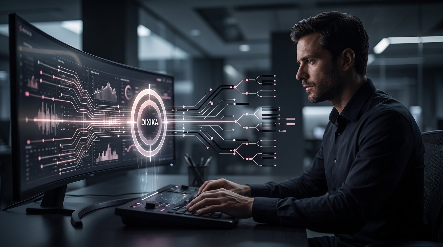 Marketing analyst reviewing campaign data while multiple route-like decision paths converge on a growth target