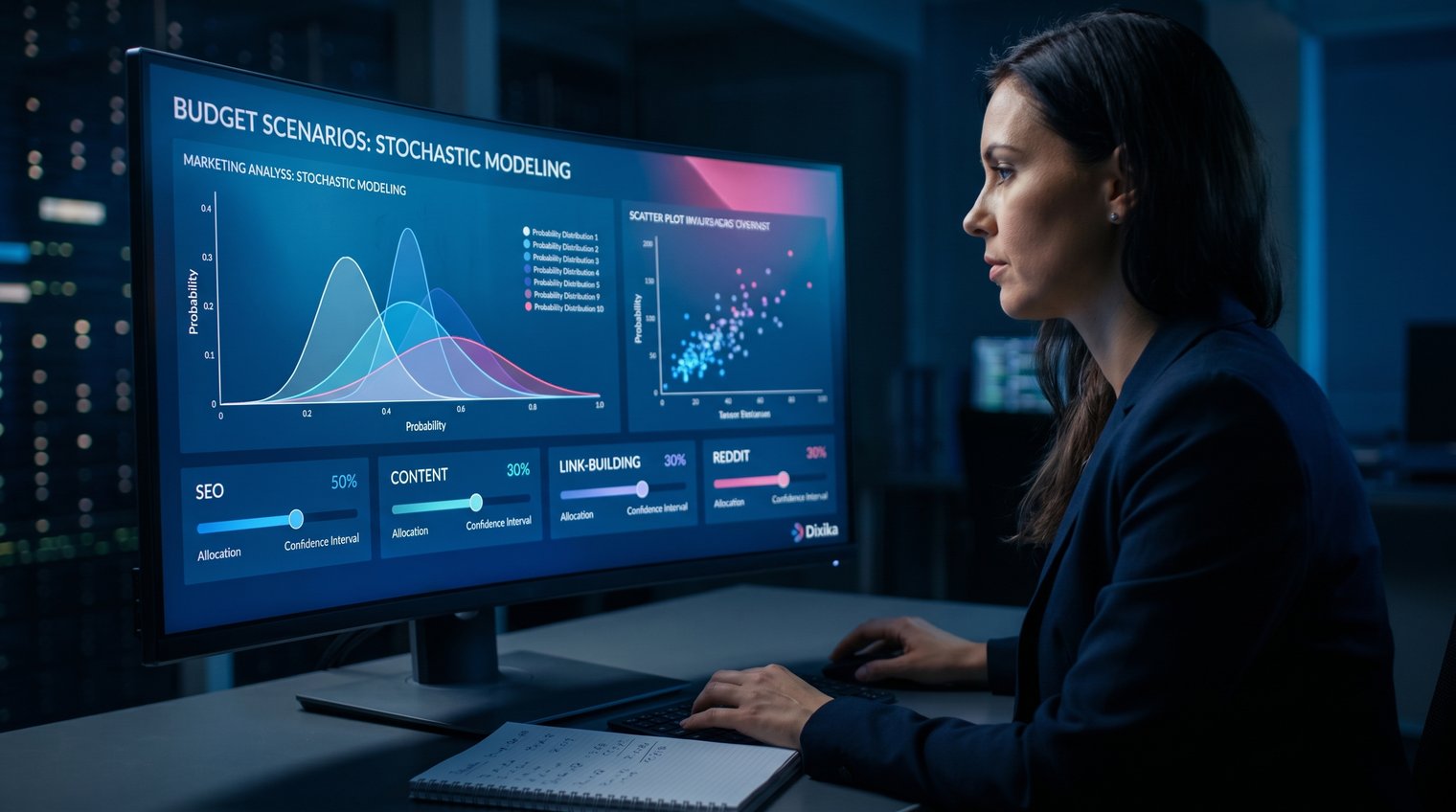 Marketing analyst reviewing probabilistic budget scenarios on a dashboard, with distribution charts and channel allocation options, realistic editorial style