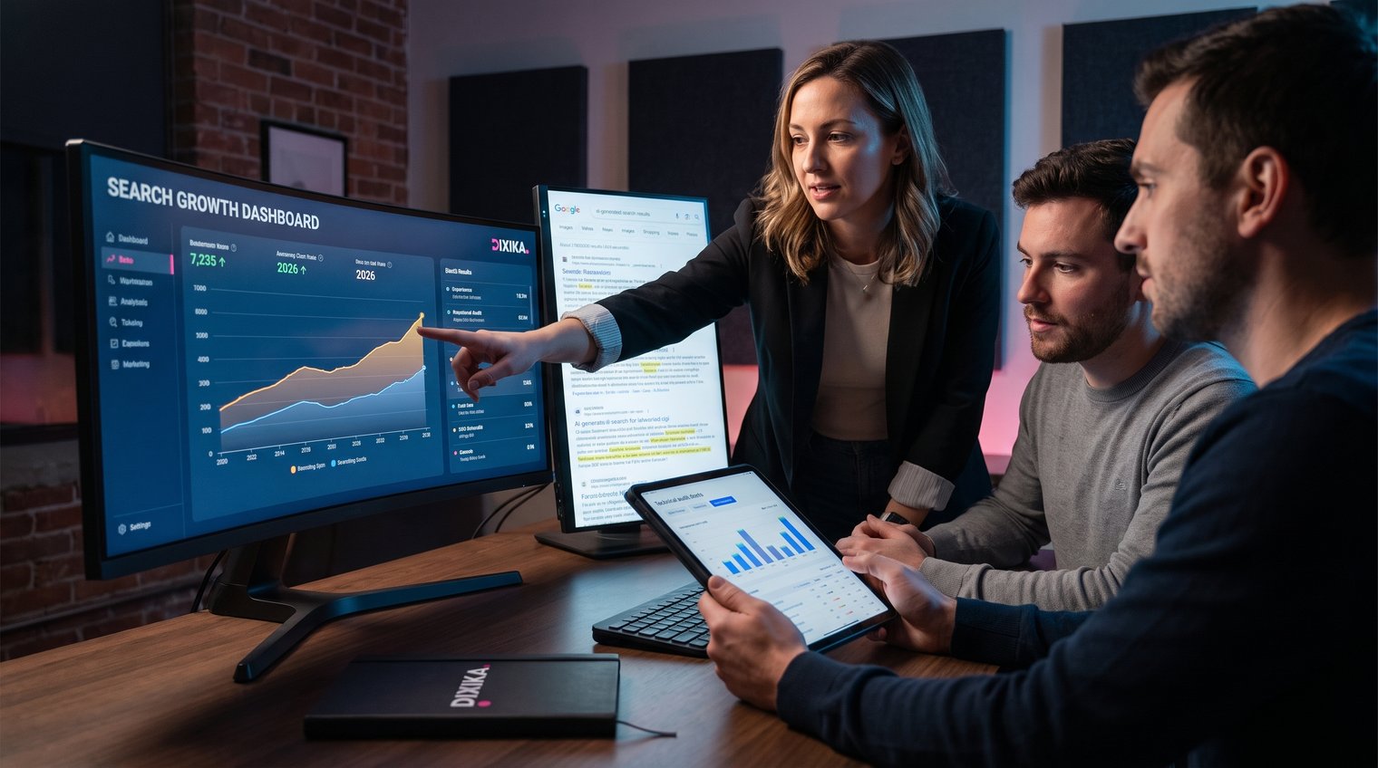 Marketing leader and SEO specialists reviewing a search-growth dashboard, technical audit, and AI search results in a collaborative workspace