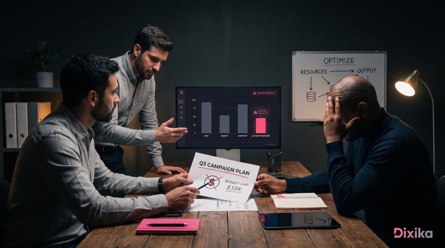 Marketing team reviewing a campaign plan with a budget cap, channel performance dashboard, and limited team capacity visibly represented