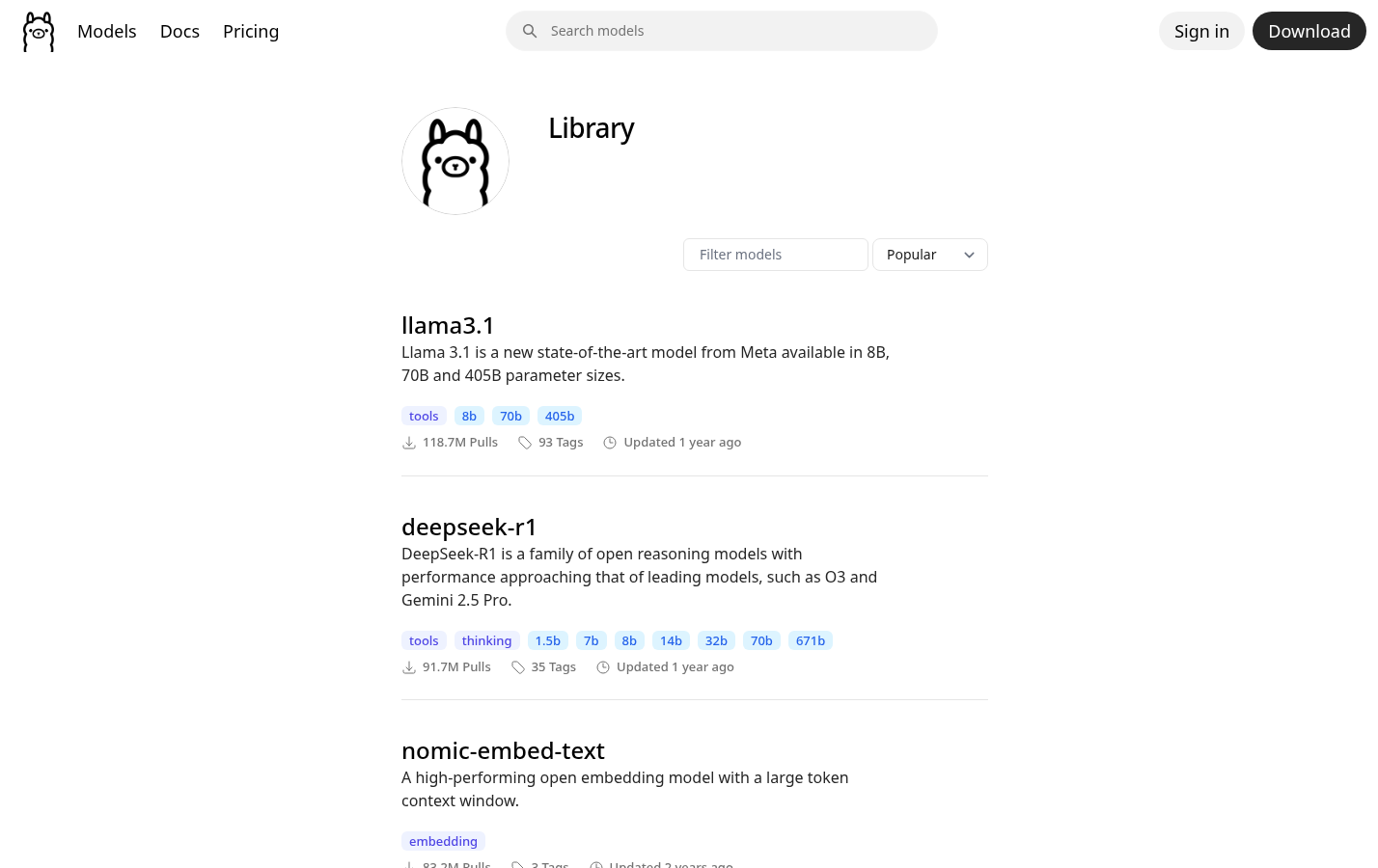 Ollama: Model library page showing model selection and pull instructions for a local installation