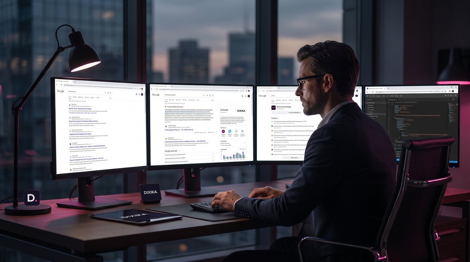 Search strategist comparing traditional results, AI-generated answer panels, brand citations, and source pages on multiple screens