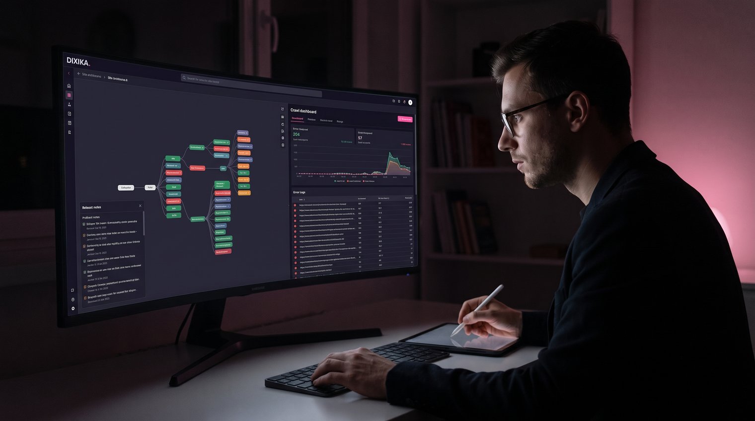 SEO specialist reviewing a site architecture map, crawl dashboard, and release notes on a large screen