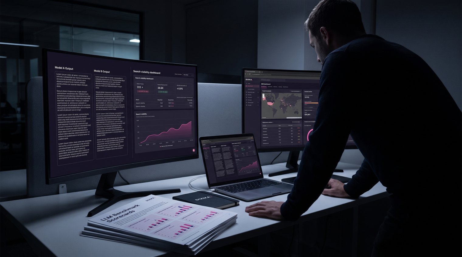 SEO strategist reviewing two AI model outputs beside a search visibility dashboard, with benchmark scorecards in the background