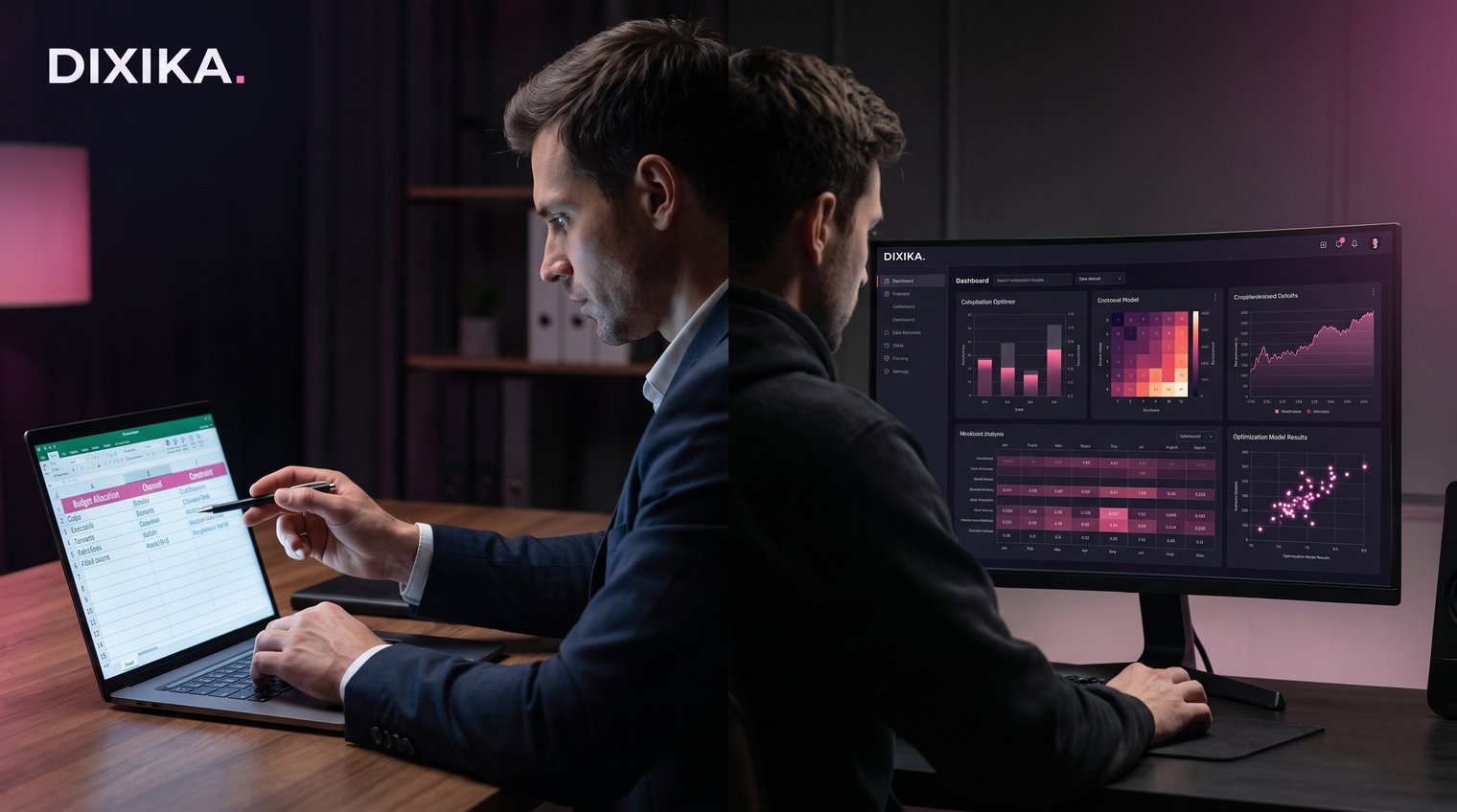 Split-scene of a marketer using a simple allocation spreadsheet on one side and a data scientist monitoring a model-driven experiment dashboard on the other