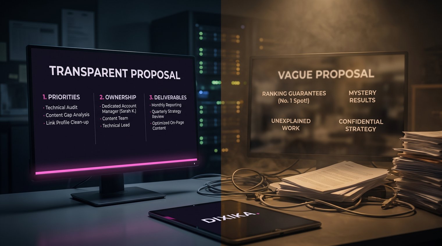 Split-screen comparison of a transparent SEO proposal with clear priorities and ownership versus a vague proposal filled with ranking guarantees and unexplained deliverables