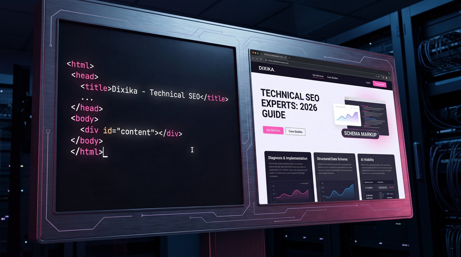 Split-screen technical illustration showing a page source with minimal content versus a rendered page with key content, links, and structured data visible