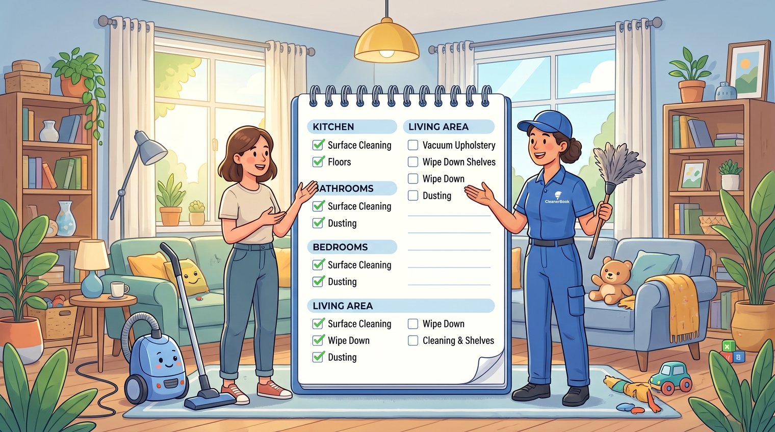 A professional cleaner reviewing a room-by-room checklist with a homeowner in a bright lived-in home