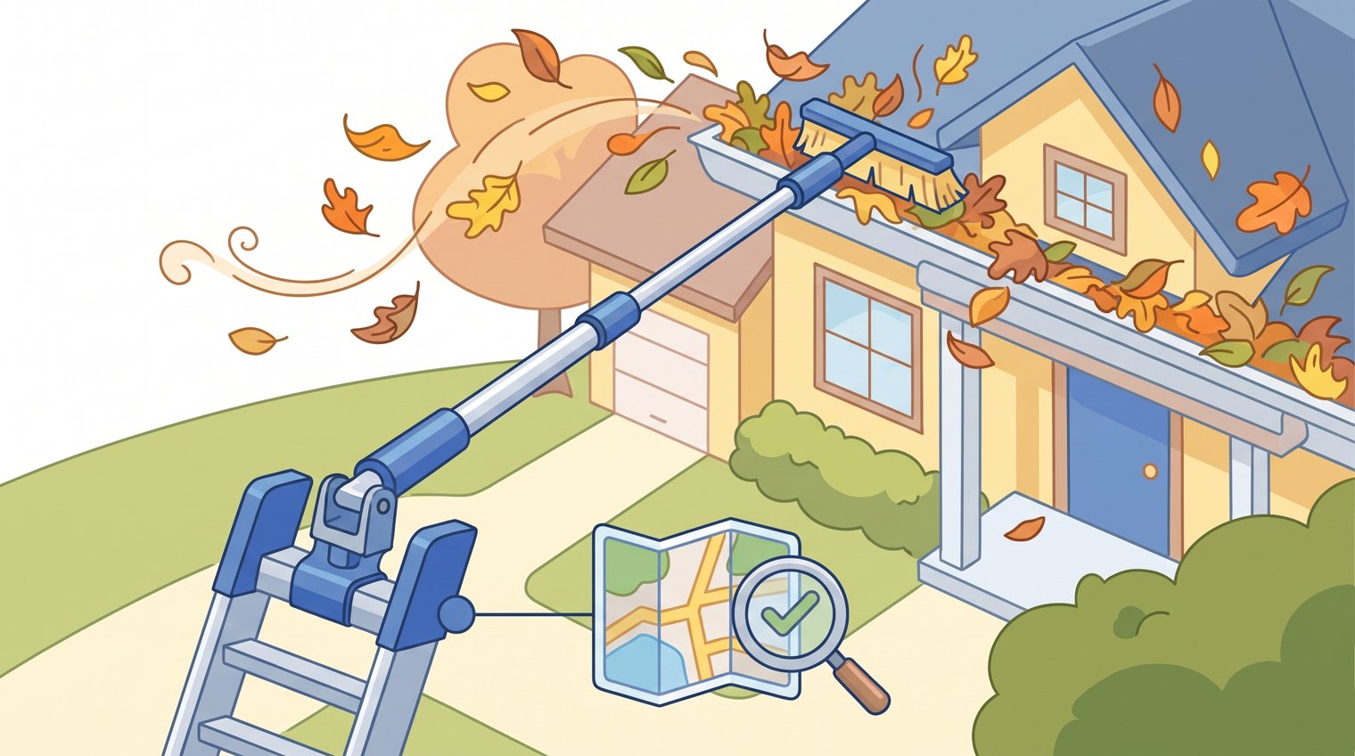 A professional gutter cleaner using a ladder stabilizer beside a suburban home with leaf-filled gutters, realistic editorial photography