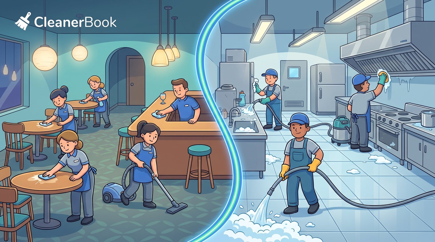 After-hours restaurant cleaning crew detailing a commercial kitchen floor and dining area, with clearly separated front-of-house and back-of-house zones