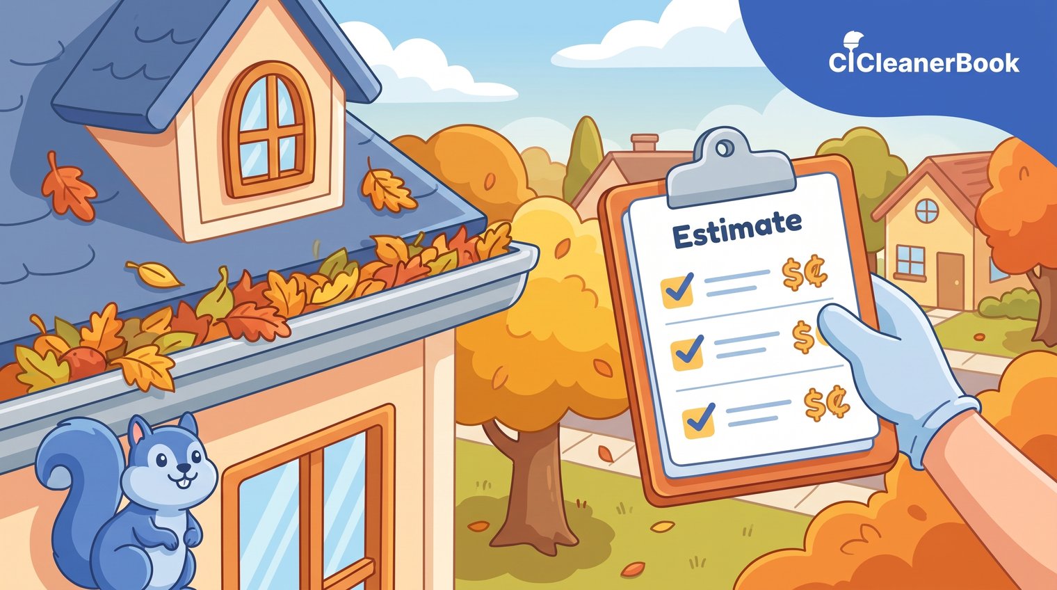 Close-up of a homeowner comparing written gutter-cleaning estimates on a clipboard beside a house after autumn leaf fall, realistic editorial photography