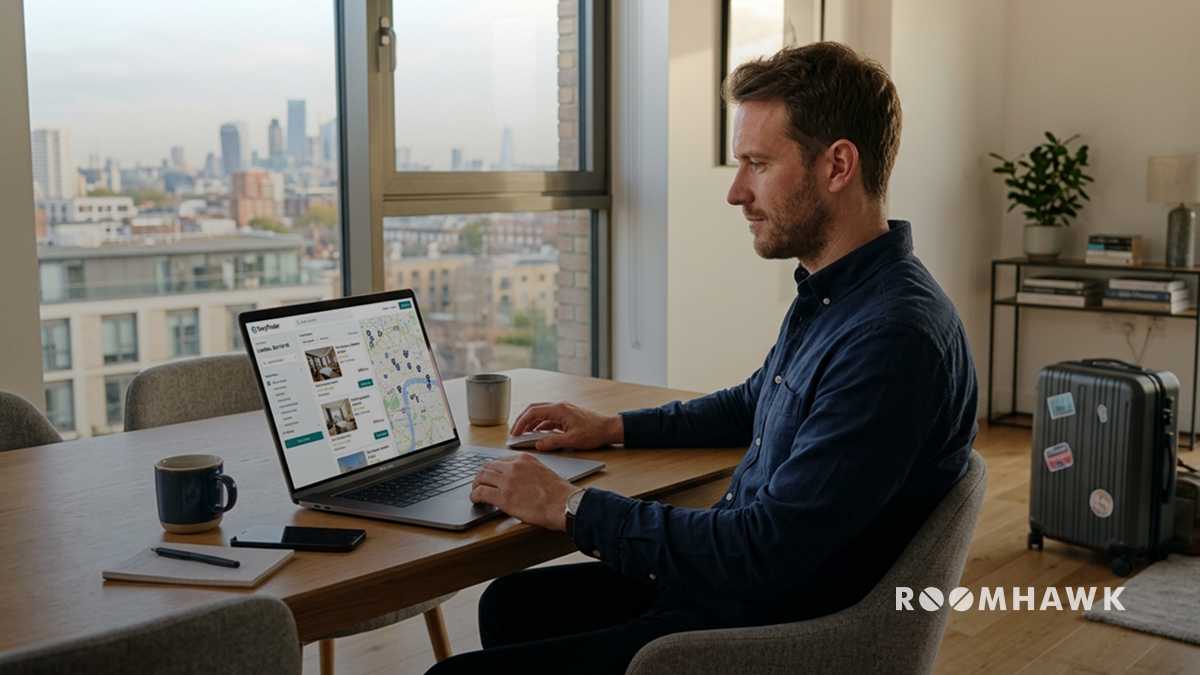 A man with a light beard and a blue button-down shirt sits at a wooden dining table, looking attentively at his laptop screen. The screen displays a website titled