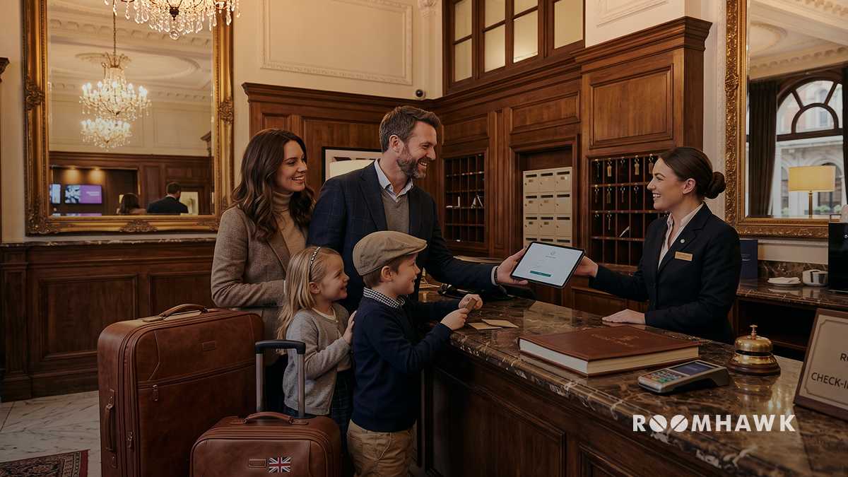 A happy family with leather luggage stands at an elegant wooden hotel front desk, where the father shows a tablet to a welcoming receptionist.