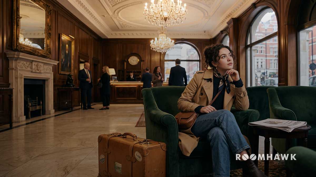 A young woman wearing a trench coat sits thoughtfully in a green velvet armchair in an elegant hotel lobby, with a vintage brown suitcase resting beside her.