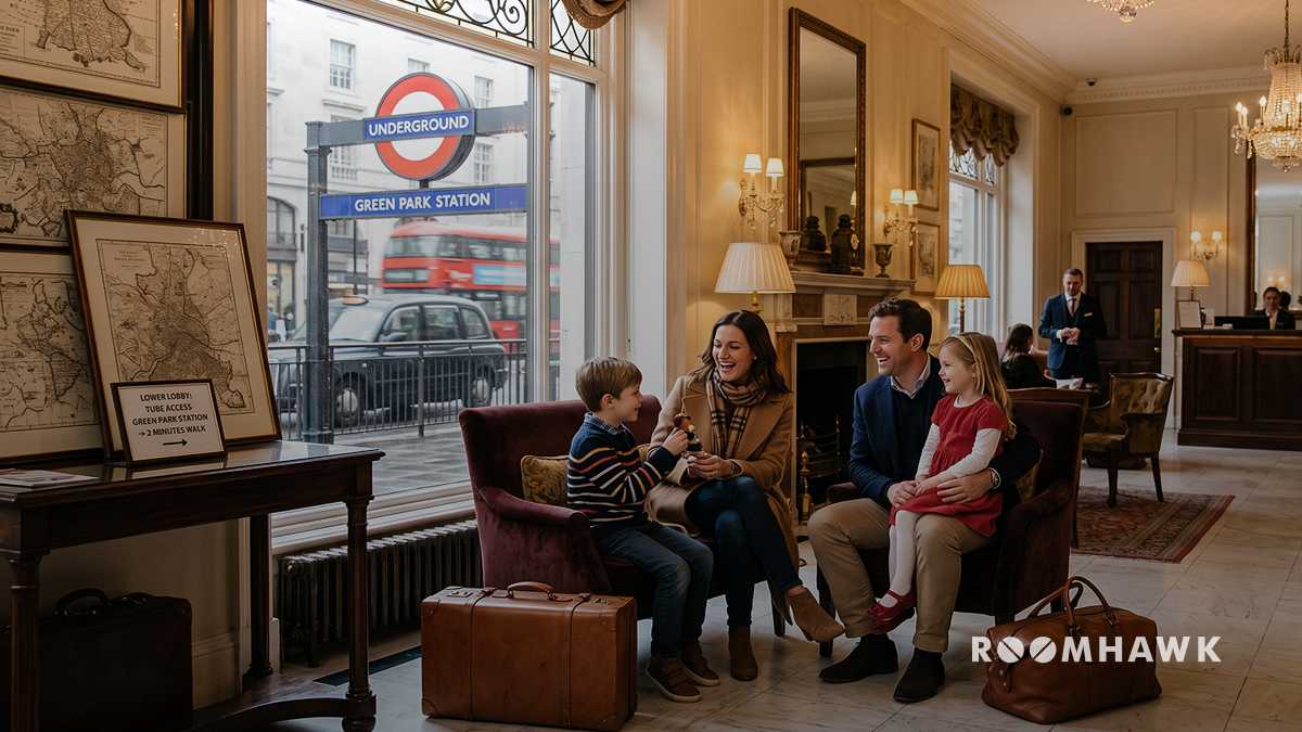 Vibrant family of four with luggage happy in a hotel lobby with an exterior view of London's Green Park station.