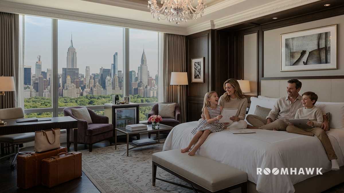 A happy family sitting together on a large bed in an upscale New York hotel room featuring floor-to-ceiling skyline and Central Park views.