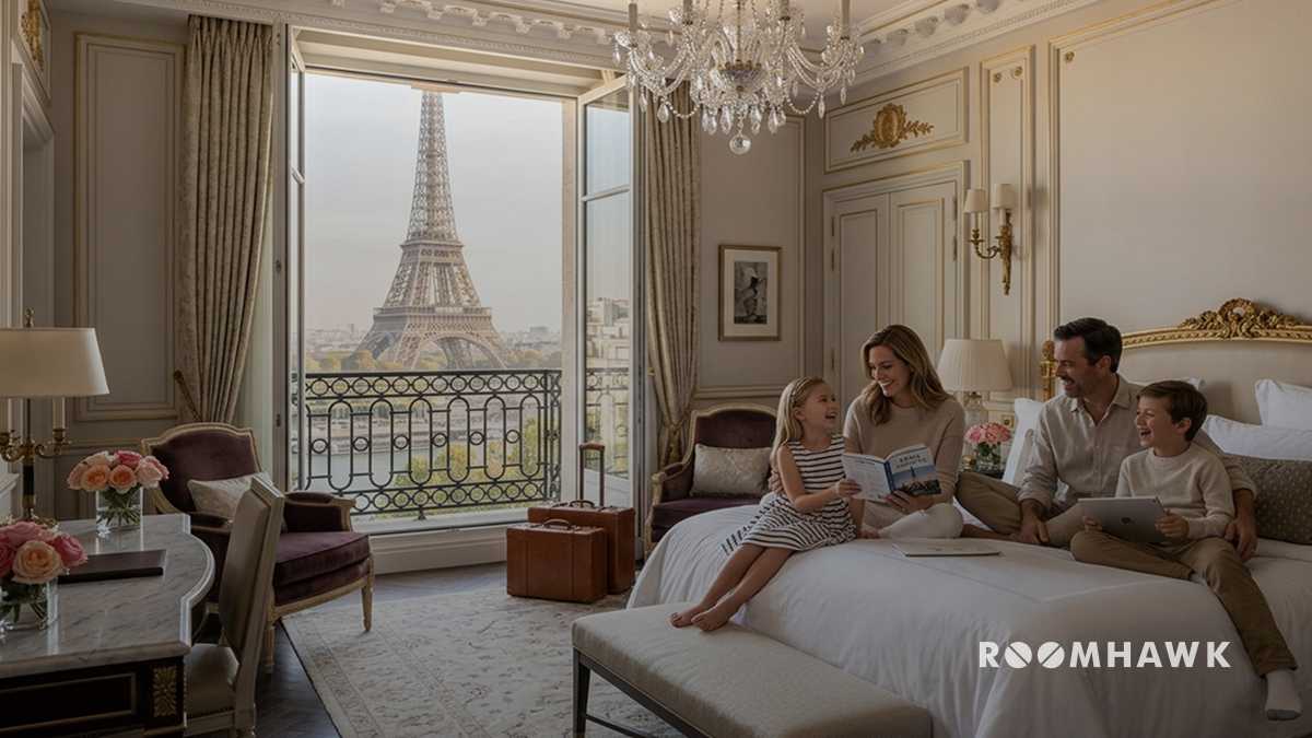 A family relaxing on a bed inside an elegant Paris hotel room with a view of the Eiffel Tower through the balcony window.