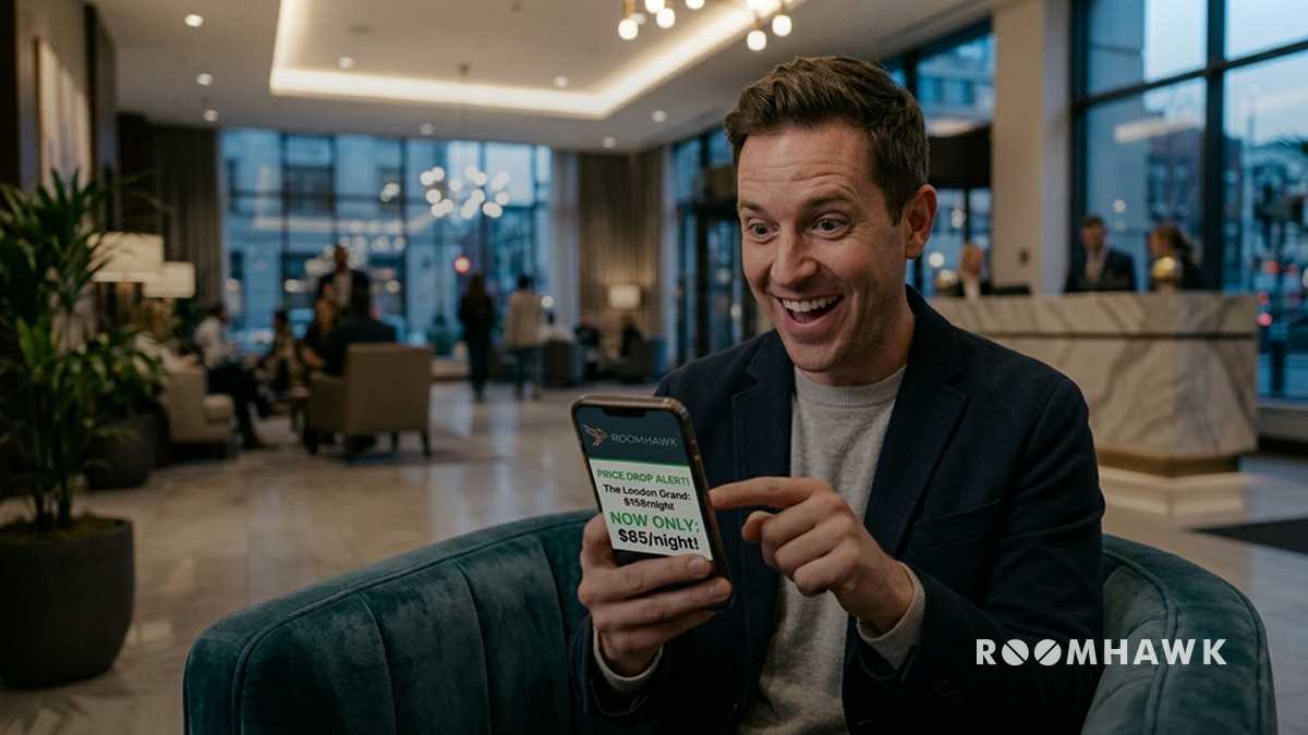 A man is sitting in a teal velvet armchair within a modern hotel lobby, looking at his smartphone with an open-mouthed, surprised and happy expression. He is wearing a grey crewneck sweater and a blue blazer. He is pointing with his left hand at the phone screen, which displays a green price alert. The text on the screen, visible but slightly blurred, reads: