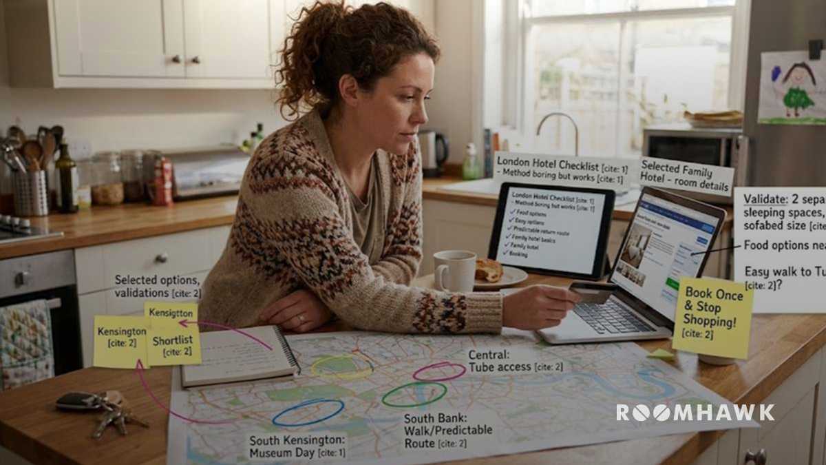 A focused woman sits at a wooden kitchen counter with a large map of London spread out, holding a credit card to finalize a hotel booking on her laptop. An adjacent tablet displays a structured