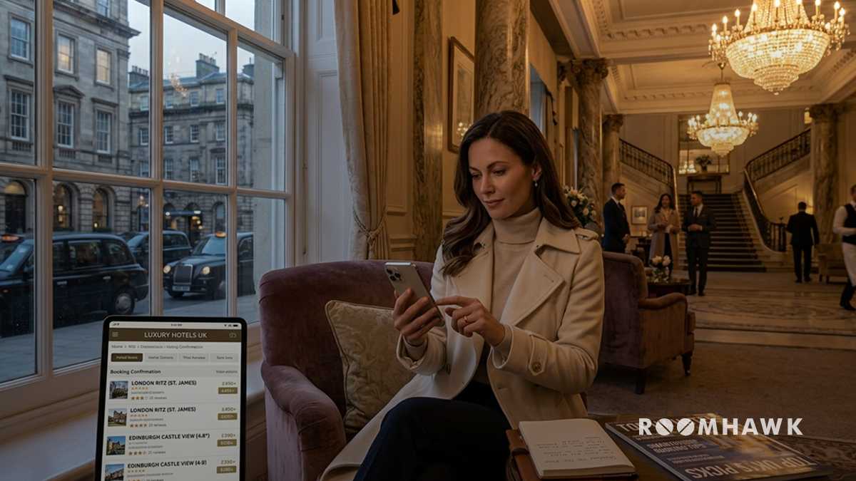 woman-booking-luxury-hotel-smartphone-lobby-uk