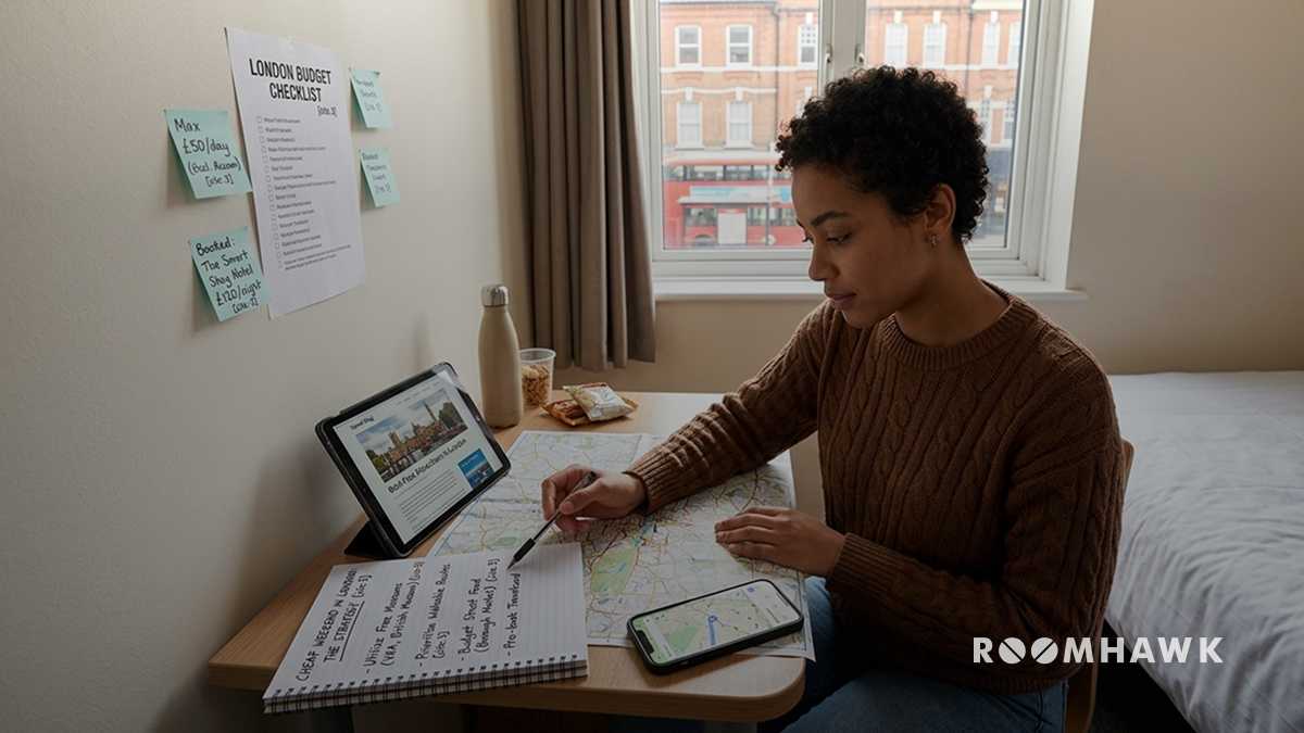 A young woman sits at a small desk in a modest room, actively using a map, tablet, smartphone, and notebook to plan a trip.