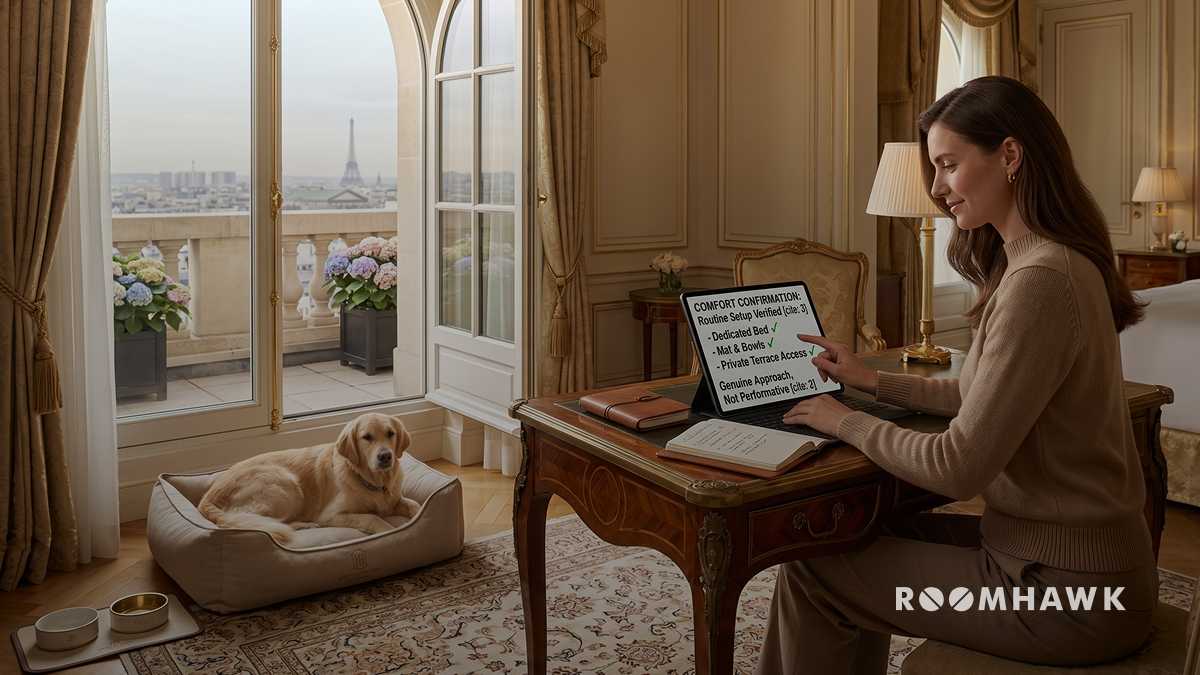 A woman checkes hotel prices on a laptop with a dog resting by her side and an Eiffel Tower view.