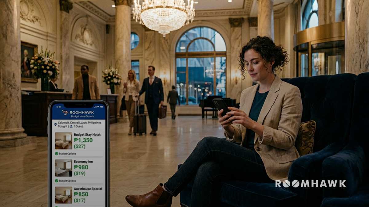 A photograph taken from a medium distance, set in the same magnificent and opulent luxury hotel lobby as Image 1, featuring massive marble columns, multiple crystal chandeliers, and classical architecture. A lone woman with dark curly hair, wearing a light beige blazer and blue top, is sitting on a plush blue velvet sofa in the foreground. She is looking down at and interacting with a smartphone held in both hands. Her expression is focused.