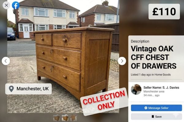A Facebook Marketplace listing showing furniture marked as collection only