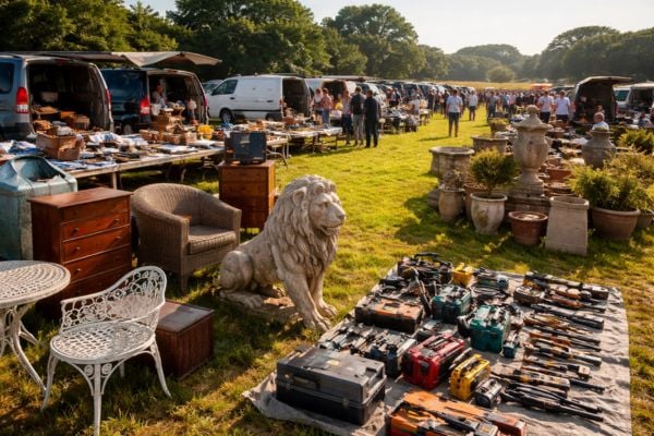 Large items for sale at a UK car boot sale including furniture and garden items