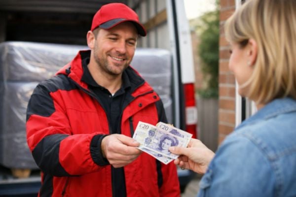 A courier driver handing cash to a seller at their front door