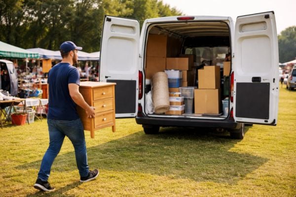 A delivery van parked near a car boot sale field ready for collection