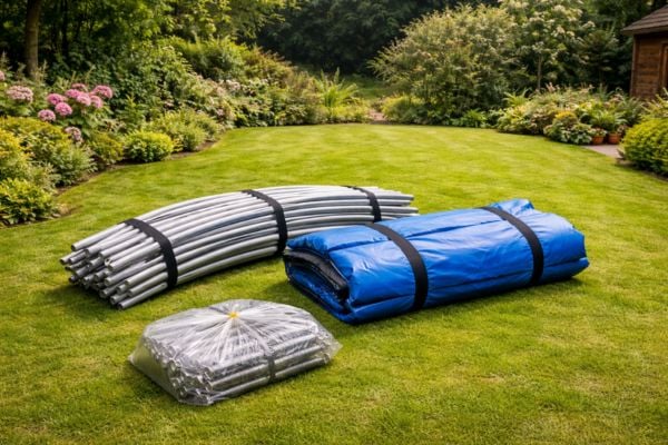 A disassembled trampoline with frame sections and springs ready for collection