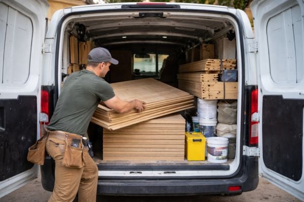 A driver loading timber and sheet materials into a delivery van