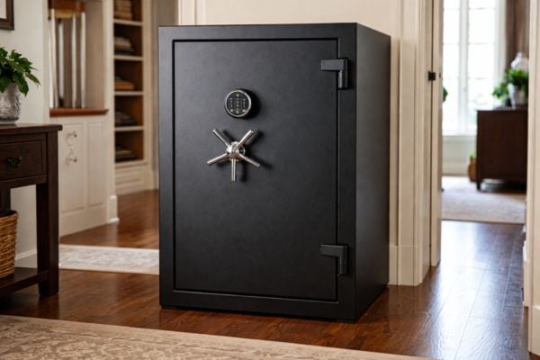 A large heavy steel safe sitting in a hallway