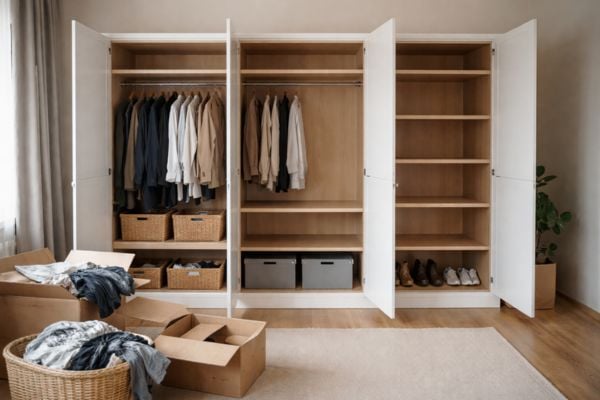 Large bedroom wardrobe with doors open and half the contents removed, ready to prepare for moving