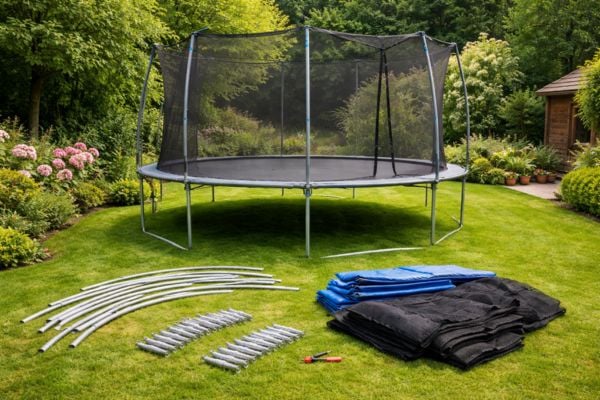 A large outdoor trampoline in a UK back garden