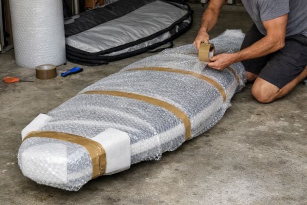 A paddleboard wrapped in bubble wrap with foam protecting the nose and tail