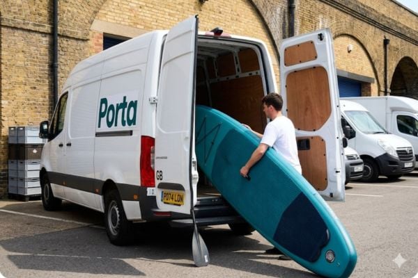 A rigid paddleboard being loaded into a delivery van