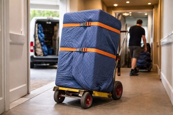 A safe wrapped in moving blankets secured on a heavy-duty dolly