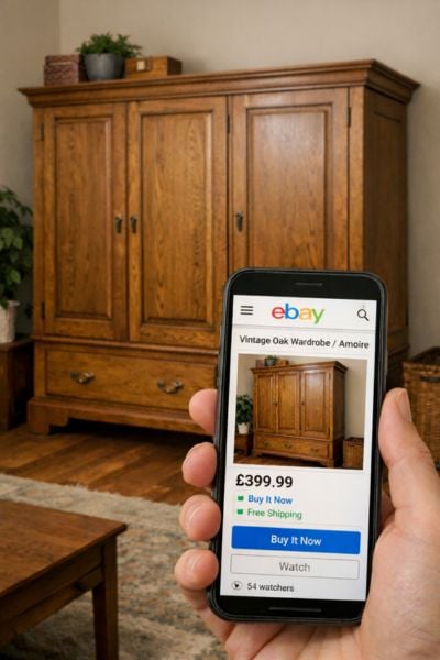 A wardrobe with an eBay listing visible on a phone screen in the foreground