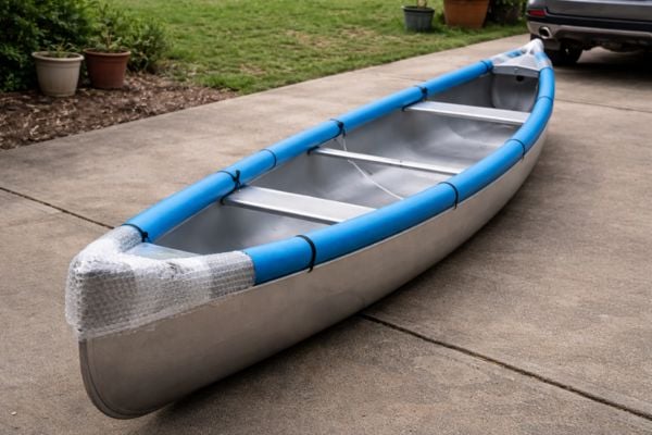 A canoe ready for transport in a driveway