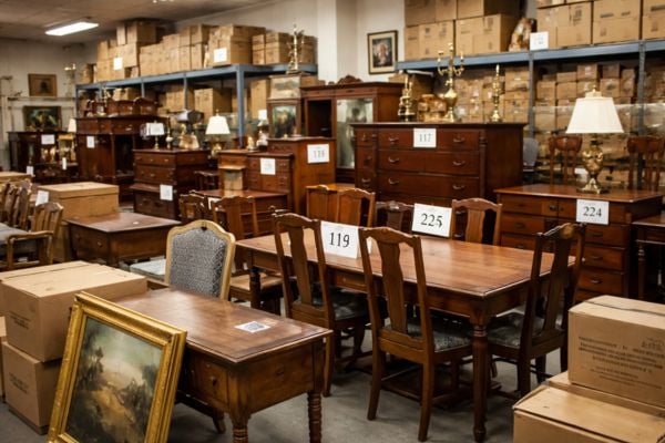 Inside an auction house saleroom with furniture lots waiting for collection