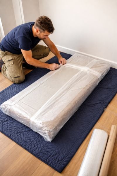 Someone wrapping a wardrobe door in protective blankets before transport