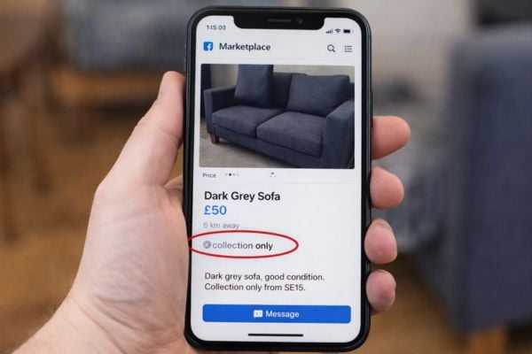 Second hand sofa listed on Facebook Marketplace as collection only