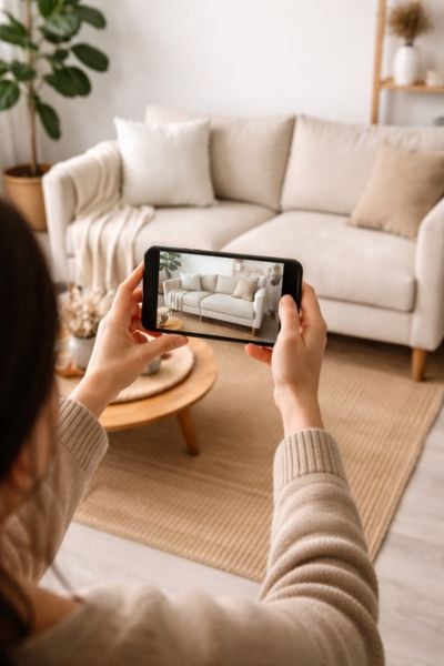 Someone photographing a sofa with their phone to create an online furniture listing