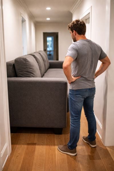 Person standing in a hallway looking at a large piece of furniture working out how to move it