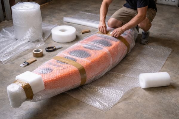 A kayak wrapped and prepared for transport