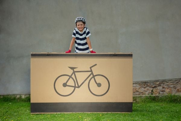 Bicycle prepared for delivery in a box